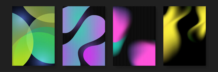 Creative poster collection showcasing neon mesh gradients and wavy liquid shapes against a dark textured backdrop for music and event promotion © Badr Warrior
