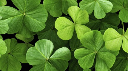 Lush green clover leaves pattern with natural texture on dark background