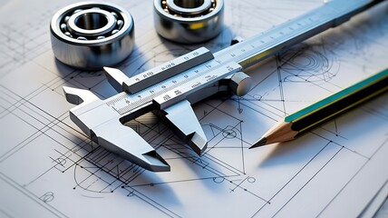Precision measuring tools and shiny ball bearings rest upon detailed engineering plans with a sharp pencil
