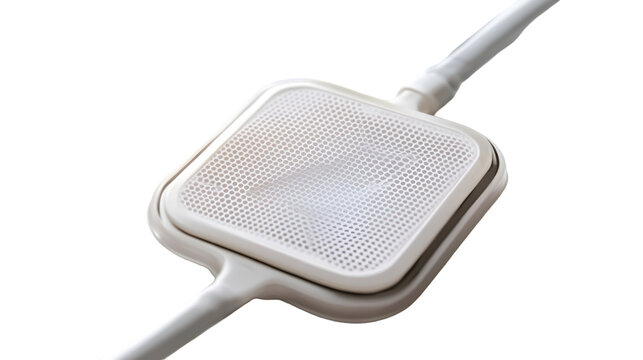 Close up of a square white medical sensor pad with a fine mesh surface connected to a slender cable against a dark background suggesting patient monitoring equipment.