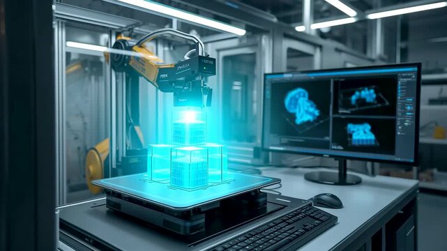 Industrial laboratory workstation with robotic arm projecting blue hologram above platform beside computer monitors