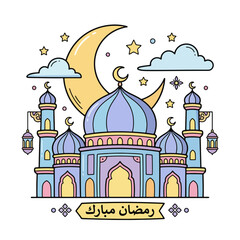 Fototapeta premium Islamic Mosque Cartoon Illustration with Crescent Moon.