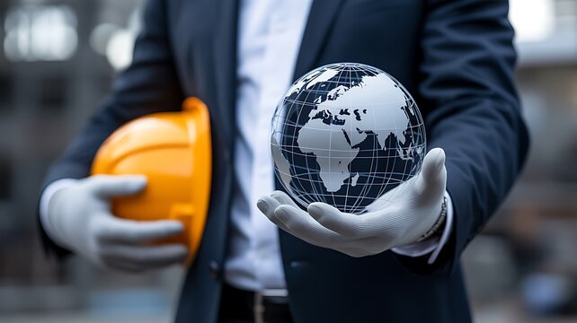 Professional in suit and white glove presenting a detailed wireframe world map - Powered by Adobe