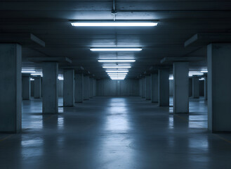 Fototapeta premium Empty dark concrete parking garage with fluorescent lights background image