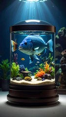 A large blue fish swims in a small aquarium with colorful plants