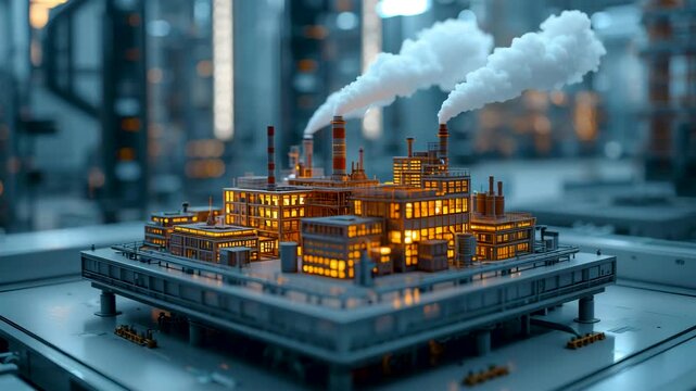 Miniature industrial factory model with smokestacks and illuminated buildings on platform