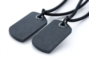 Fototapeta premium Black military dog tags hanging from a cord, symbolizing veteran remembrance. Memory, soldier, and service concept.
