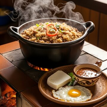 Traditional Costa Rican Gallo Pinto Breakfast in Clay Pot &ndash; Warm Rustic Morning Kitchen Scene