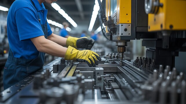 Skilled factory worker operating industrial machinery with precision on a busy production line