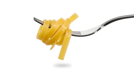 A single strand of fettuccine pasta draped over the tines of a silver fork, isolated on white.