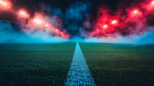 Stadium football field at night with glowing red and blue smoke and bright lights, sports competition, team rivalry, dynamic energy, victory spirit and futuristic atmosphere of modern sports arena.