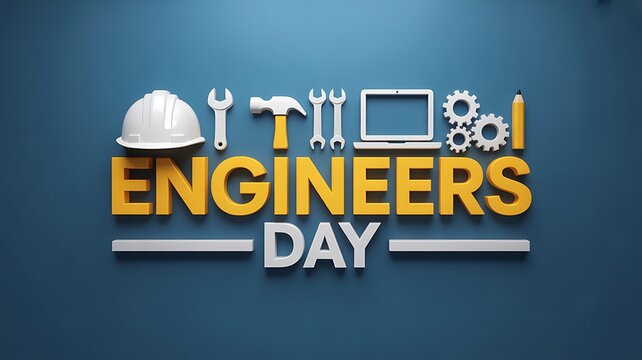 Three dimensional representation of Engineers Day symbols and text on a deep blue textured surface