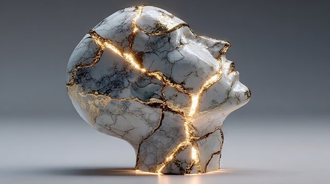 Surreal conceptual art of a cracked white marble human head sculpture with glowing golden light shining from inside representing mental health and resilience