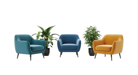 Three colorful chairs and potted plants on transparent background for interior design