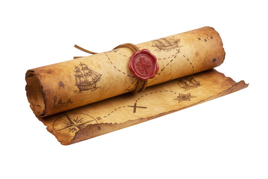 Vintage Treasure Map Rolled with Wax Seal and Nautical Symbols, Ancient Scroll