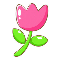 Cute glossy pink tulip flower icon with green leaves in cartoon style isolated on transparent background.