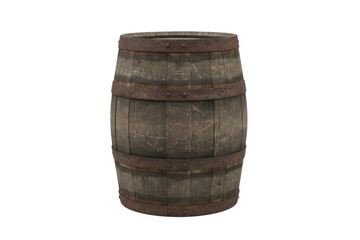 Obraz premium Vintage Wooden Barrel with Rusty Metal Hoops, Rustic Container for Storage or Aging