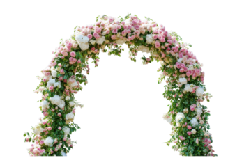 Beautiful floral wedding arch decorated with pink and white flowers isolated on transparent background. Beautiful flower arch for wedding ceremony entrance isolated on white background.