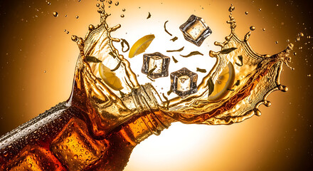 Refreshing splash of iced tea with lemon and ice cubes creating a dynamic burst.