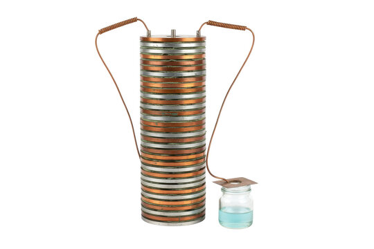 Voltaic Pile Battery with Copper and Zinc Discs and Electrolyte Solution
