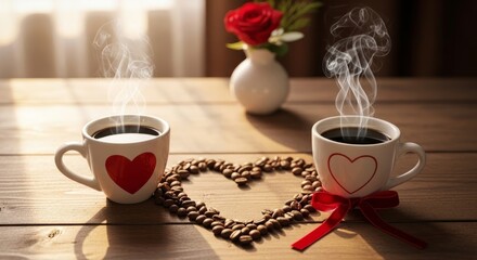 Valentine&rsquo;s Day concept with coffee cups forming heart shape, cozy morning light, romantic lifestyle mood, top-selling stock photo style