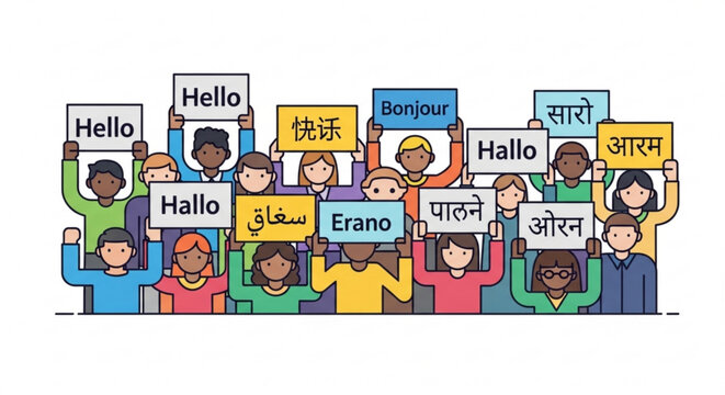 Diverse group of people holding signs with various greetings in different languages colorful cartoon illustration vibrant background multicultural community diverse cultures