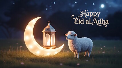 Whimsical sheep, crescent moon, luminous lantern, Happy Eid al Adha message