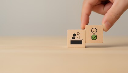 A hand flipping a wooden block displaying an employee's work and satisfaction level. The artwork symbolizes the interaction between the staff's actions and satisfaction in their professional sphere. 