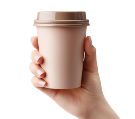 Hand holding pink disposable coffee cup with brown lid, isolated on transparent background