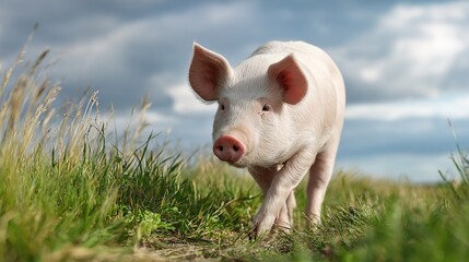 A curious young pink piglet walks forward through lush green grass under a cloudy sky outdoors