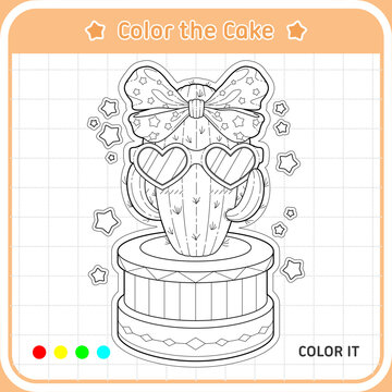 Cute Cactus Coloring Page for Kids, Printable and Editable Vector Illustration, Fun Coloring Activity with Sunglasses and shapes.
