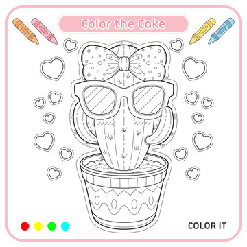 Cute Cactus Coloring Page for Kids, Printable and Editable Vector Illustration, Fun Coloring Activity with Sunglasses and shapes.