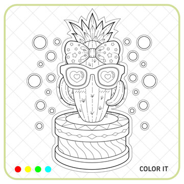 Cute Cactus Coloring Page for Kids, Printable and Editable Vector Illustration, Fun Coloring Activity with Sunglasses and shapes.