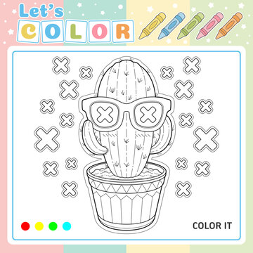 Cute Cactus Coloring Page for Kids, Printable and Editable Vector Illustration, Fun Coloring Activity with Sunglasses and shapes.