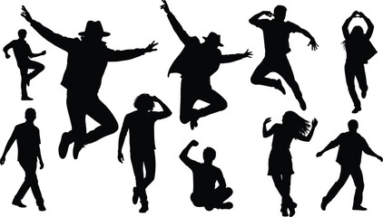 Silhouettes of men and women dancing and posing with expressive movement, energetic gestures, and creative body positions on a clean white background.