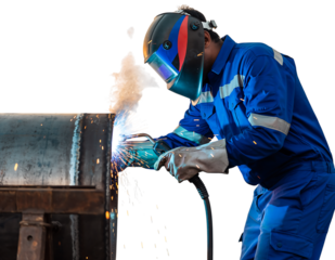 Professional male welder in blue uniform and protective helmet, arc welding a large metal pipe, generating bright, isolated on transparent background