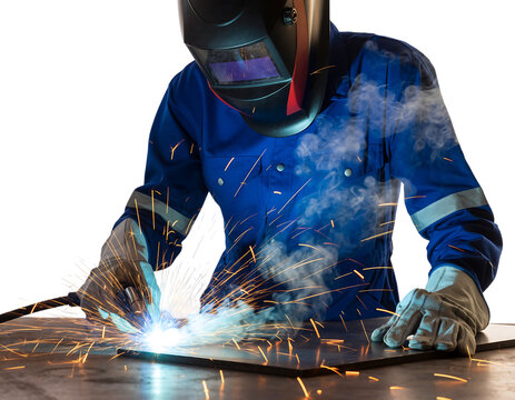 Welder in black helmet, blue uniform, protective gloves, performing arc welding on metal, generating bright, isolated on transparent background