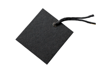 Dark textured rhombus shaped tag with string isolated on transparent background. Black garment tag with string isolated on white background.