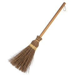 A traditional broom with a wooden handle and brown bristles isolated on transparent background