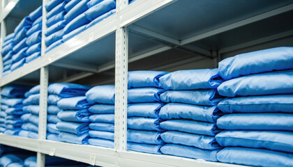 Neatly Stacked Medical Textile Supplies in Industrial Storage Shelves