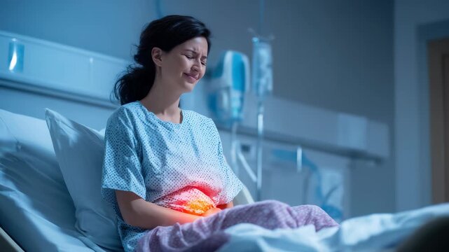 Middle-aged woman sits on a hospital bed and holds her abdomen. A detailed 3D image of appendicitis is displayed near her in the hospital ward at night