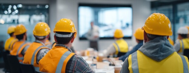 Construction workers listening to presentation in conference room