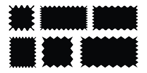 Black Jagged and Wavy Edge Rectangle Shapes Set, Minimalist Decorative Sticker Frames and Textile Swatch Silhouettes for Design