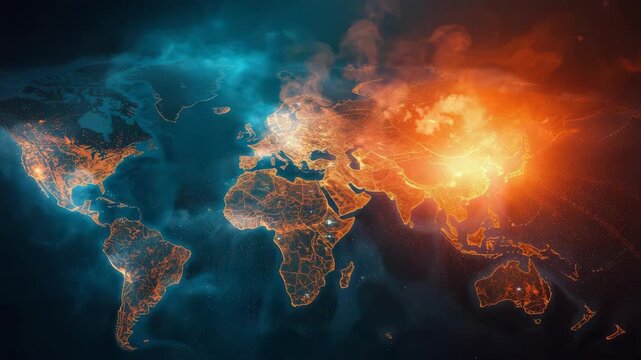 Glowing digital world map glowing with fiery data visualization hub over Eurasia expressing