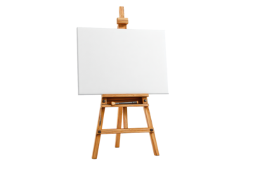 Wooden art easel with blank white canvas isolated on transparent background. Artist easel with blank canvas and paintbrush holder isolated on white background.