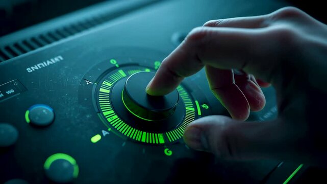 Hand adjusting illuminated control dial on electronic device interface with green indicators