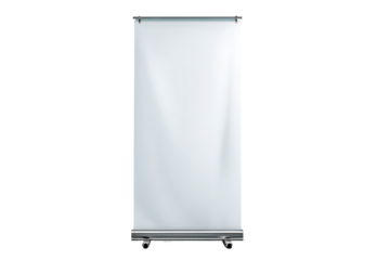 Blank white roll up banner stand for advertising and promotion isolated on transparent background. Roll up banner stand for events and exhibitions isolated on white background.