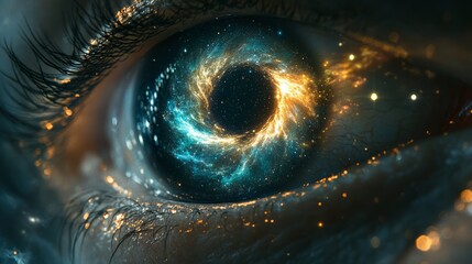 Human eye macro shot with swirling galaxy pattern glowing in blue and golden tones inside the iris, vision, imagination, cosmic inspiration, futuristic fantasy, and surreal digital artistic creativity