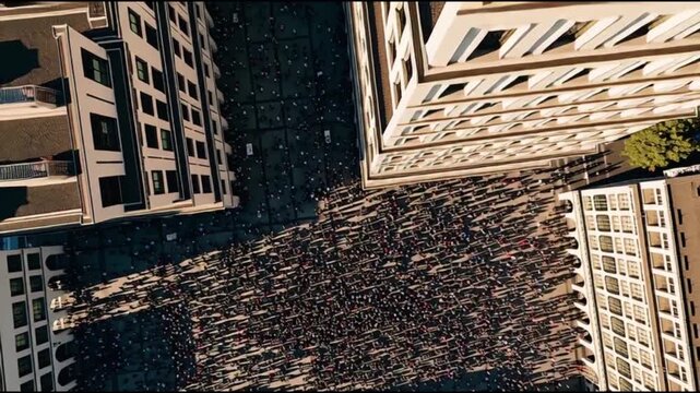 Aerial view of densely packed buildings and cobblestone street in urban environment with sunlight casting shadows