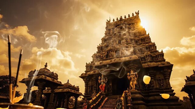 Meenakshi Kalyanam Temple Silhouette with Golden Glow Devotional Background